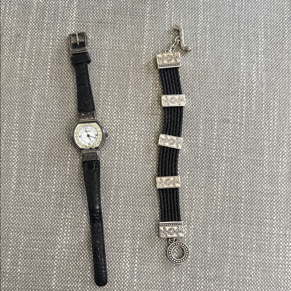 Brighton Black and Silver Women’s Leather Watch and Bracelet Set